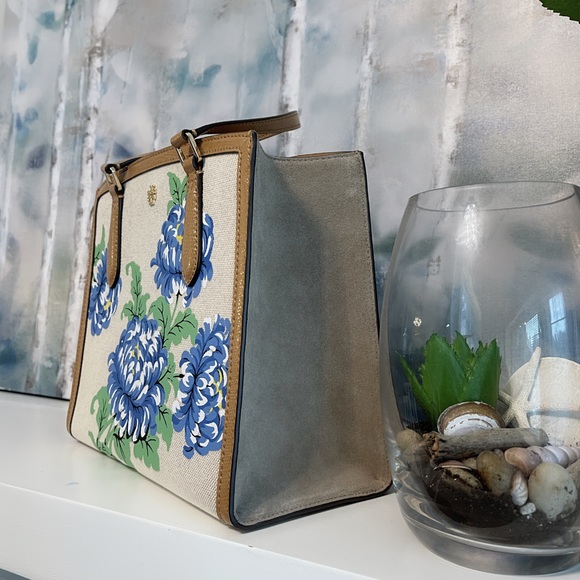 Tory Burch Emerson Ditsy Floral Structured Natural Canvas Leather Trim Satchel - Picture 4 of 7